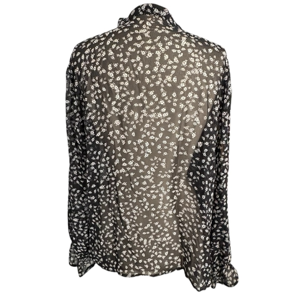 Express Black White Floral Blouse Ruffle Front Sheer Tie Neckline Office Size M - Picture 3 of 11